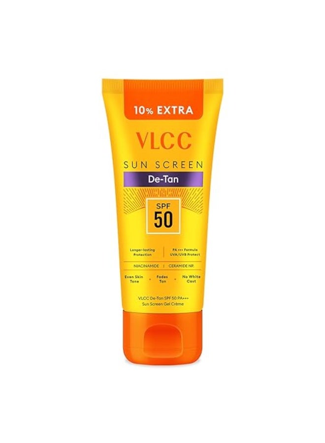 فى ال سي سي كريم جل واقي من الشمس VLCC All Skin De-Tan SPF 50 PA+++ - 100 غرام + 10 غرام إضافية | مع مستخلصات الخيار والجزر والساكسيفراجا | يعزز الإشراق، ويحمي من أشعة UVA وUVB، ويساعد على تقليل البقع الداكنة. - Image 1